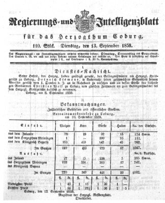 Regierungs- und Intelligenzblatt für das Herzogtum Coburg (Coburger Regierungs-Blatt) Dienstag 13. September 1859