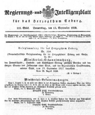 Regierungs- und Intelligenzblatt für das Herzogtum Coburg (Coburger Regierungs-Blatt) Donnerstag 15. September 1859