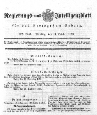 Regierungs- und Intelligenzblatt für das Herzogtum Coburg (Coburger Regierungs-Blatt) Dienstag 11. Oktober 1859