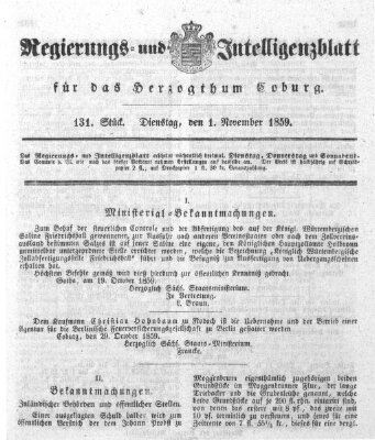 Regierungs- und Intelligenzblatt für das Herzogtum Coburg (Coburger Regierungs-Blatt) Dienstag 1. November 1859