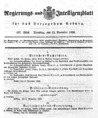 Regierungs- und Intelligenzblatt für das Herzogtum Coburg (Coburger Regierungs-Blatt) Dienstag 15. November 1859