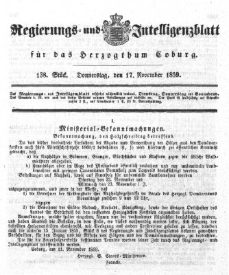 Regierungs- und Intelligenzblatt für das Herzogtum Coburg (Coburger Regierungs-Blatt) Donnerstag 17. November 1859