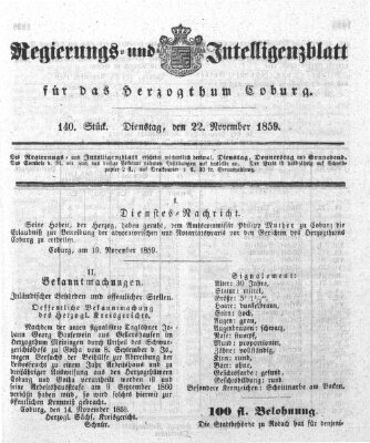 Regierungs- und Intelligenzblatt für das Herzogtum Coburg (Coburger Regierungs-Blatt) Dienstag 22. November 1859