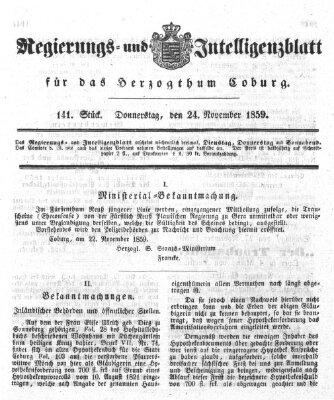 Regierungs- und Intelligenzblatt für das Herzogtum Coburg (Coburger Regierungs-Blatt) Donnerstag 24. November 1859