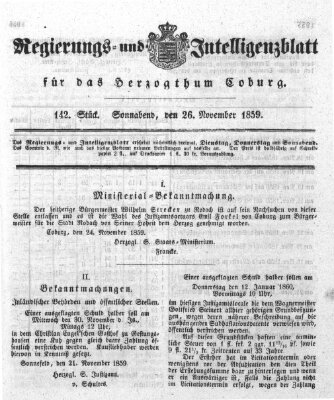 Regierungs- und Intelligenzblatt für das Herzogtum Coburg (Coburger Regierungs-Blatt) Samstag 26. November 1859