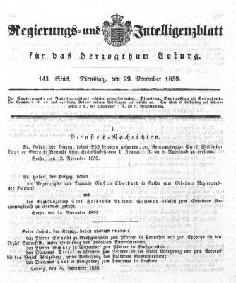 Regierungs- und Intelligenzblatt für das Herzogtum Coburg (Coburger Regierungs-Blatt) Dienstag 29. November 1859