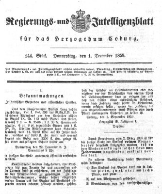 Regierungs- und Intelligenzblatt für das Herzogtum Coburg (Coburger Regierungs-Blatt) Donnerstag 1. Dezember 1859