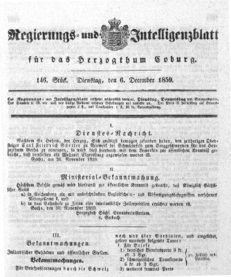 Regierungs- und Intelligenzblatt für das Herzogtum Coburg (Coburger Regierungs-Blatt) Dienstag 6. Dezember 1859