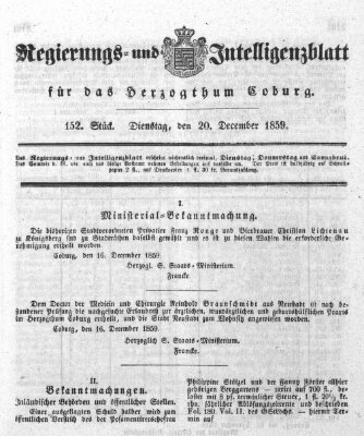 Regierungs- und Intelligenzblatt für das Herzogtum Coburg (Coburger Regierungs-Blatt) Dienstag 20. Dezember 1859