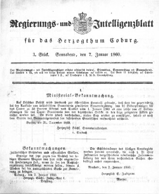 Regierungs- und Intelligenzblatt für das Herzogtum Coburg (Coburger Regierungs-Blatt) Samstag 7. Januar 1860