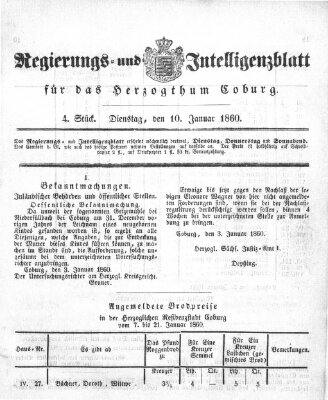 Regierungs- und Intelligenzblatt für das Herzogtum Coburg (Coburger Regierungs-Blatt) Dienstag 10. Januar 1860