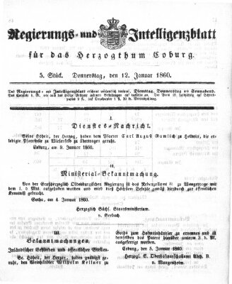 Regierungs- und Intelligenzblatt für das Herzogtum Coburg (Coburger Regierungs-Blatt) Donnerstag 12. Januar 1860