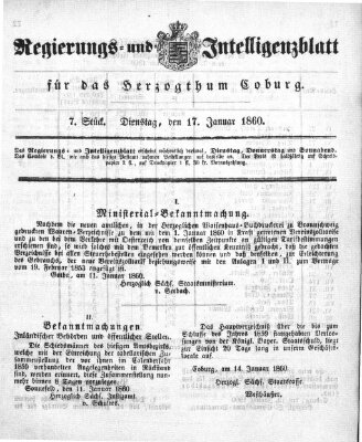 Regierungs- und Intelligenzblatt für das Herzogtum Coburg (Coburger Regierungs-Blatt) Dienstag 17. Januar 1860