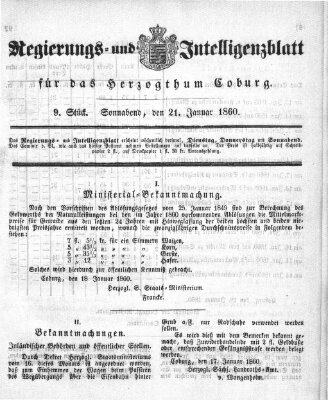 Regierungs- und Intelligenzblatt für das Herzogtum Coburg (Coburger Regierungs-Blatt) Samstag 21. Januar 1860