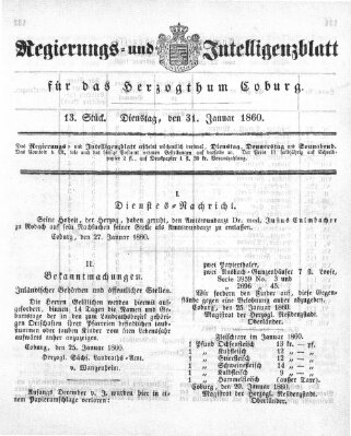 Regierungs- und Intelligenzblatt für das Herzogtum Coburg (Coburger Regierungs-Blatt) Dienstag 31. Januar 1860