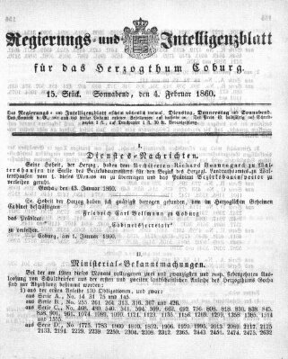 Regierungs- und Intelligenzblatt für das Herzogtum Coburg (Coburger Regierungs-Blatt) Samstag 4. Februar 1860