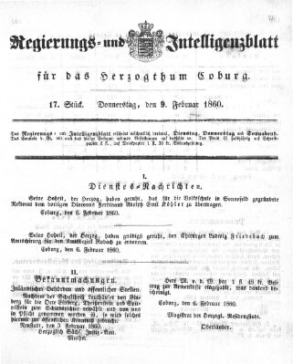 Regierungs- und Intelligenzblatt für das Herzogtum Coburg (Coburger Regierungs-Blatt) Donnerstag 9. Februar 1860