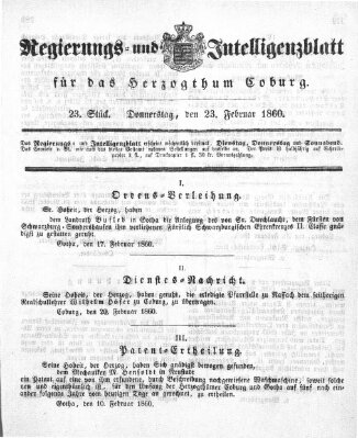 Regierungs- und Intelligenzblatt für das Herzogtum Coburg (Coburger Regierungs-Blatt) Donnerstag 23. Februar 1860