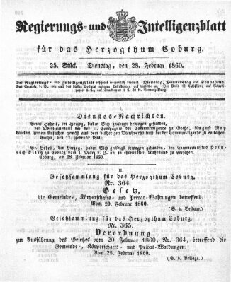 Regierungs- und Intelligenzblatt für das Herzogtum Coburg (Coburger Regierungs-Blatt) Dienstag 28. Februar 1860