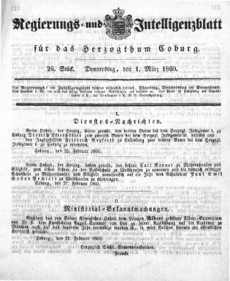 Regierungs- und Intelligenzblatt für das Herzogtum Coburg (Coburger Regierungs-Blatt) Donnerstag 1. März 1860