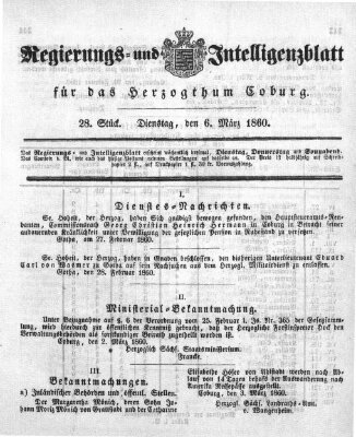 Regierungs- und Intelligenzblatt für das Herzogtum Coburg (Coburger Regierungs-Blatt) Dienstag 6. März 1860