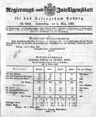 Regierungs- und Intelligenzblatt für das Herzogtum Coburg (Coburger Regierungs-Blatt) Donnerstag 8. März 1860