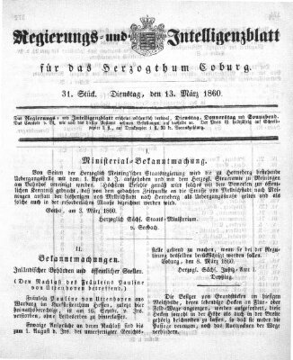 Regierungs- und Intelligenzblatt für das Herzogtum Coburg (Coburger Regierungs-Blatt) Dienstag 13. März 1860