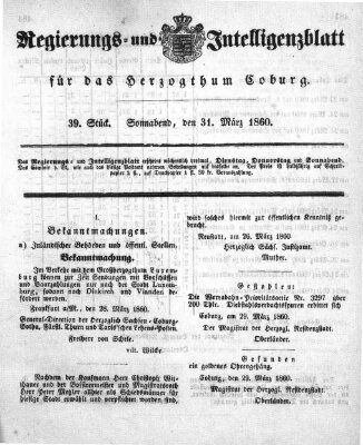 Regierungs- und Intelligenzblatt für das Herzogtum Coburg (Coburger Regierungs-Blatt) Samstag 31. März 1860