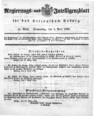 Regierungs- und Intelligenzblatt für das Herzogtum Coburg (Coburger Regierungs-Blatt) Donnerstag 5. April 1860