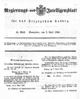 Regierungs- und Intelligenzblatt für das Herzogtum Coburg (Coburger Regierungs-Blatt) Samstag 7. April 1860