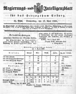 Regierungs- und Intelligenzblatt für das Herzogtum Coburg (Coburger Regierungs-Blatt) Donnerstag 12. April 1860