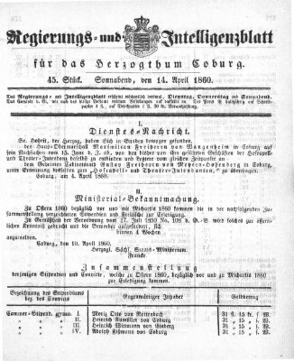 Regierungs- und Intelligenzblatt für das Herzogtum Coburg (Coburger Regierungs-Blatt) Samstag 14. April 1860