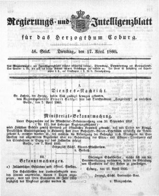 Regierungs- und Intelligenzblatt für das Herzogtum Coburg (Coburger Regierungs-Blatt) Dienstag 17. April 1860