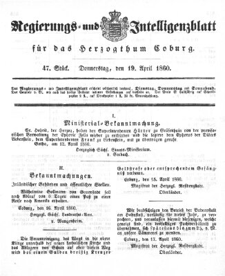 Regierungs- und Intelligenzblatt für das Herzogtum Coburg (Coburger Regierungs-Blatt) Donnerstag 19. April 1860