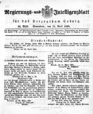 Regierungs- und Intelligenzblatt für das Herzogtum Coburg (Coburger Regierungs-Blatt) Samstag 21. April 1860