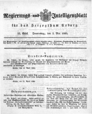 Regierungs- und Intelligenzblatt für das Herzogtum Coburg (Coburger Regierungs-Blatt) Donnerstag 3. Mai 1860