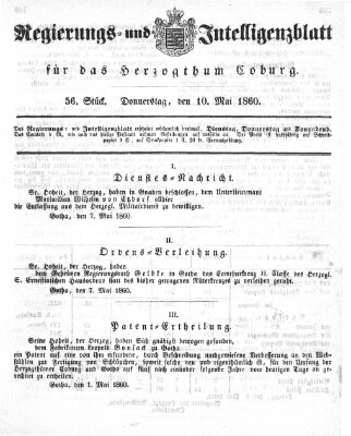 Regierungs- und Intelligenzblatt für das Herzogtum Coburg (Coburger Regierungs-Blatt) Donnerstag 10. Mai 1860