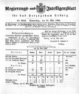 Regierungs- und Intelligenzblatt für das Herzogtum Coburg (Coburger Regierungs-Blatt) Donnerstag 31. Mai 1860