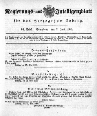 Regierungs- und Intelligenzblatt für das Herzogtum Coburg (Coburger Regierungs-Blatt) Samstag 2. Juni 1860