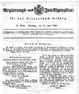 Regierungs- und Intelligenzblatt für das Herzogtum Coburg (Coburger Regierungs-Blatt) Dienstag 12. Juni 1860