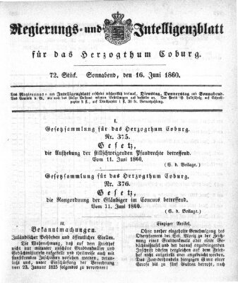 Regierungs- und Intelligenzblatt für das Herzogtum Coburg (Coburger Regierungs-Blatt) Samstag 16. Juni 1860