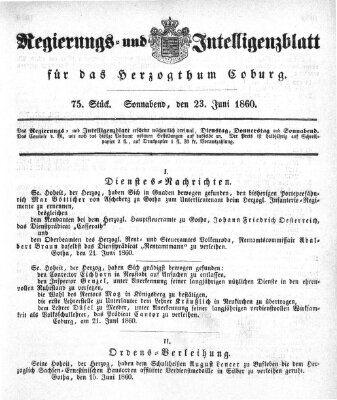 Regierungs- und Intelligenzblatt für das Herzogtum Coburg (Coburger Regierungs-Blatt) Samstag 23. Juni 1860