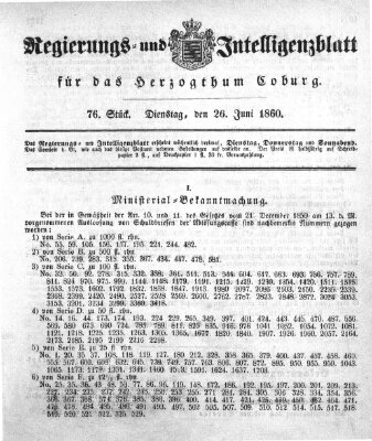 Regierungs- und Intelligenzblatt für das Herzogtum Coburg (Coburger Regierungs-Blatt) Dienstag 26. Juni 1860