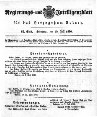 Regierungs- und Intelligenzblatt für das Herzogtum Coburg (Coburger Regierungs-Blatt) Dienstag 10. Juli 1860