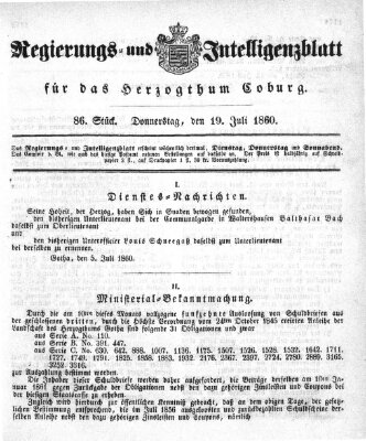 Regierungs- und Intelligenzblatt für das Herzogtum Coburg (Coburger Regierungs-Blatt) Donnerstag 19. Juli 1860