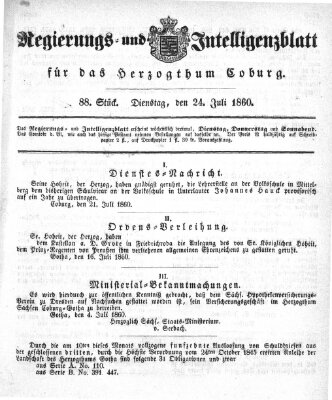 Regierungs- und Intelligenzblatt für das Herzogtum Coburg (Coburger Regierungs-Blatt) Dienstag 24. Juli 1860