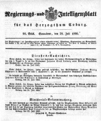 Regierungs- und Intelligenzblatt für das Herzogtum Coburg (Coburger Regierungs-Blatt) Samstag 28. Juli 1860