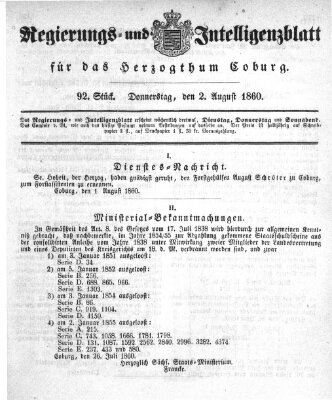 Regierungs- und Intelligenzblatt für das Herzogtum Coburg (Coburger Regierungs-Blatt) Donnerstag 2. August 1860