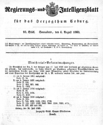 Regierungs- und Intelligenzblatt für das Herzogtum Coburg (Coburger Regierungs-Blatt) Samstag 4. August 1860