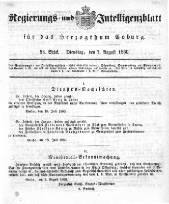 Regierungs- und Intelligenzblatt für das Herzogtum Coburg (Coburger Regierungs-Blatt) Dienstag 7. August 1860